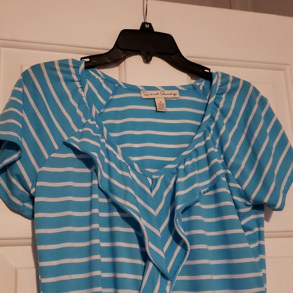 Cinch vneck blue and white stripe tunic